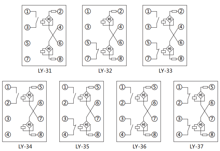 LY-32電壓繼電器內部接線及外引接線圖 LY-32電壓繼電器內部接線及外引接線圖