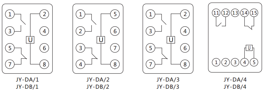 JY-DA/3集成電路直流電壓繼電器內部接線圖及外引接線圖(正視圖) JY-DA/3集成電路直流電壓繼電器內部接線圖及外引接線圖(正視圖)