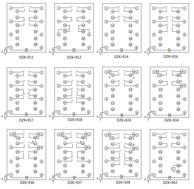 DZK-917快速中間繼電器內線接線及外引接線圖(正視圖)
