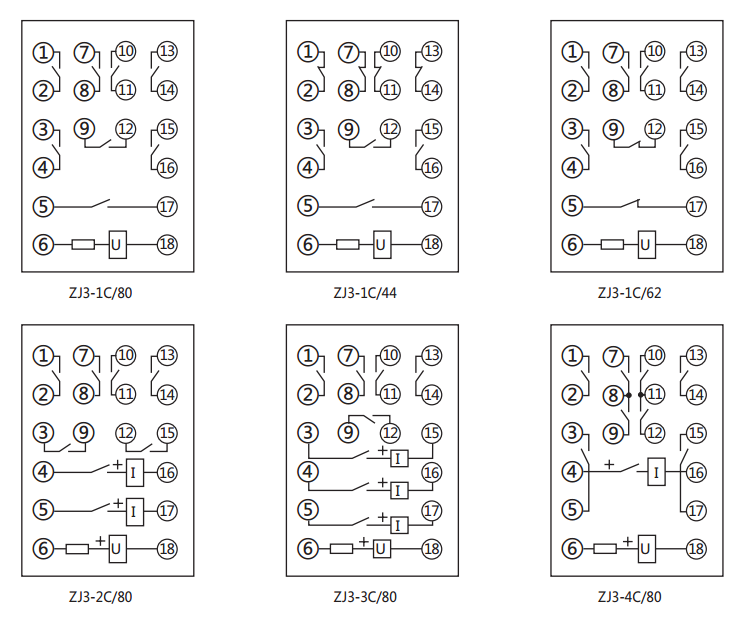 ZJ3-4C/80快速中間繼電器內(nèi)部接線圖及外引接線圖(正視圖) ZJ3-4C/80快速中間繼電器內(nèi)部接線圖及外引接線圖(正視圖)